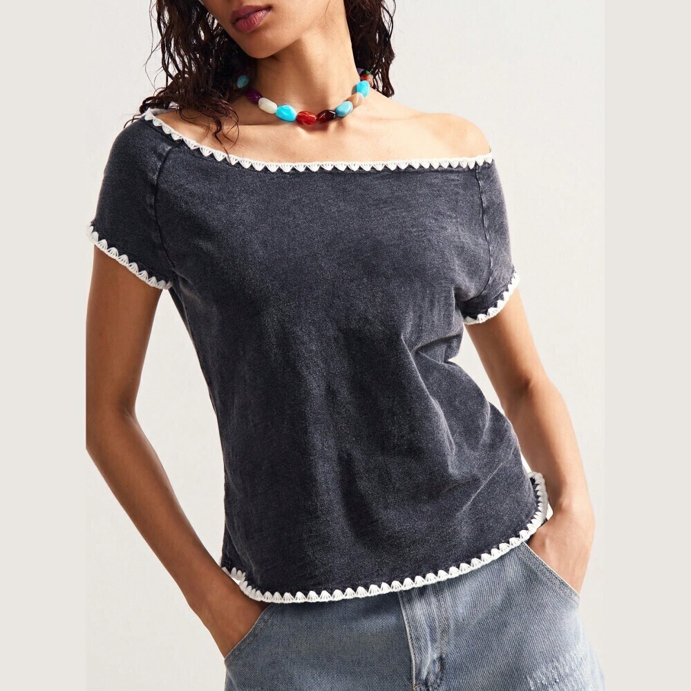 Charcoal Off-Shoulder Tee with Contrast Crochet Trim